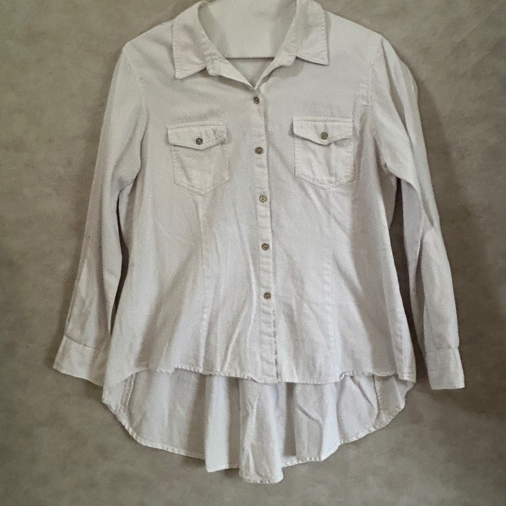 Lola P. Womens White Cotton Floral Embroidered Peplum High Low Button Down Shirt